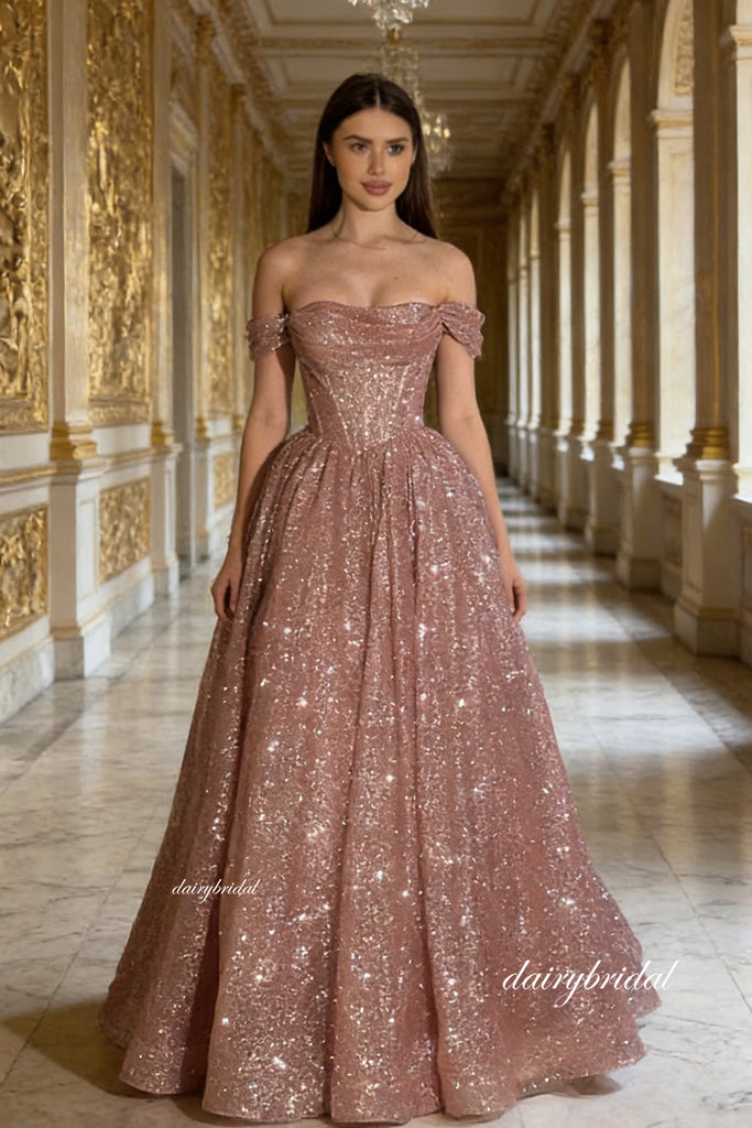Gorgeous Off Shoulder Rose Gold Sparkle Long Prom Dresses, DB105