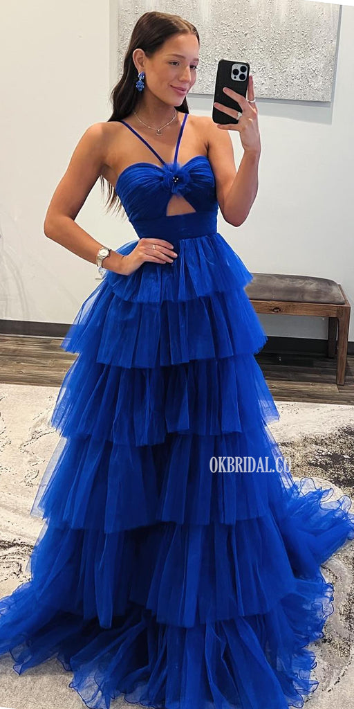 Royal Blue Sweetheart A-line Backless Tulle Long Dresses, FC7045