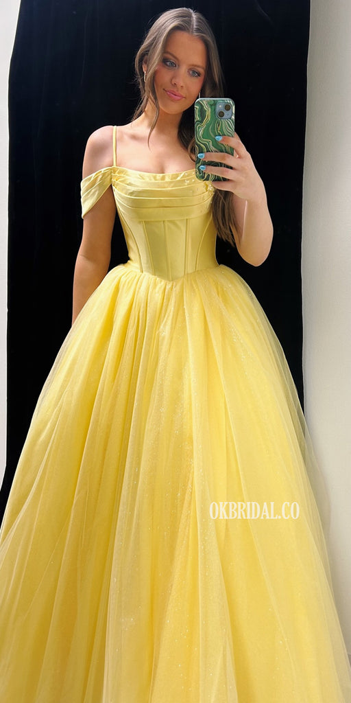 A-line Tulle Off Shoulder Princess Long Elegant Prom Dresses, FC7049