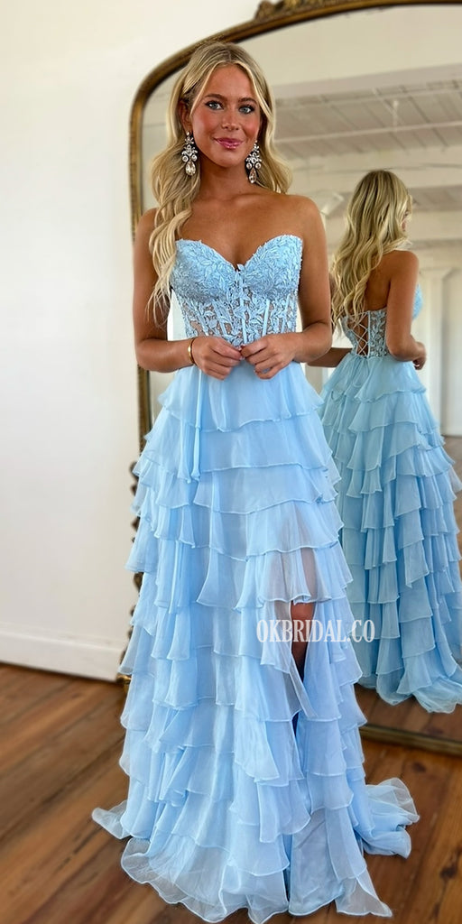Simple A-line Blue Lace Sweetheart Backless Chiffon Long Prom Dresses, FC7050