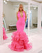 Halter Mermaid Soft Satin Pink Long Organza Dresses, FC7048