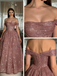 Gorgeous Off Shoulder Rose Gold Sparkle Long Prom Dresses, DB105