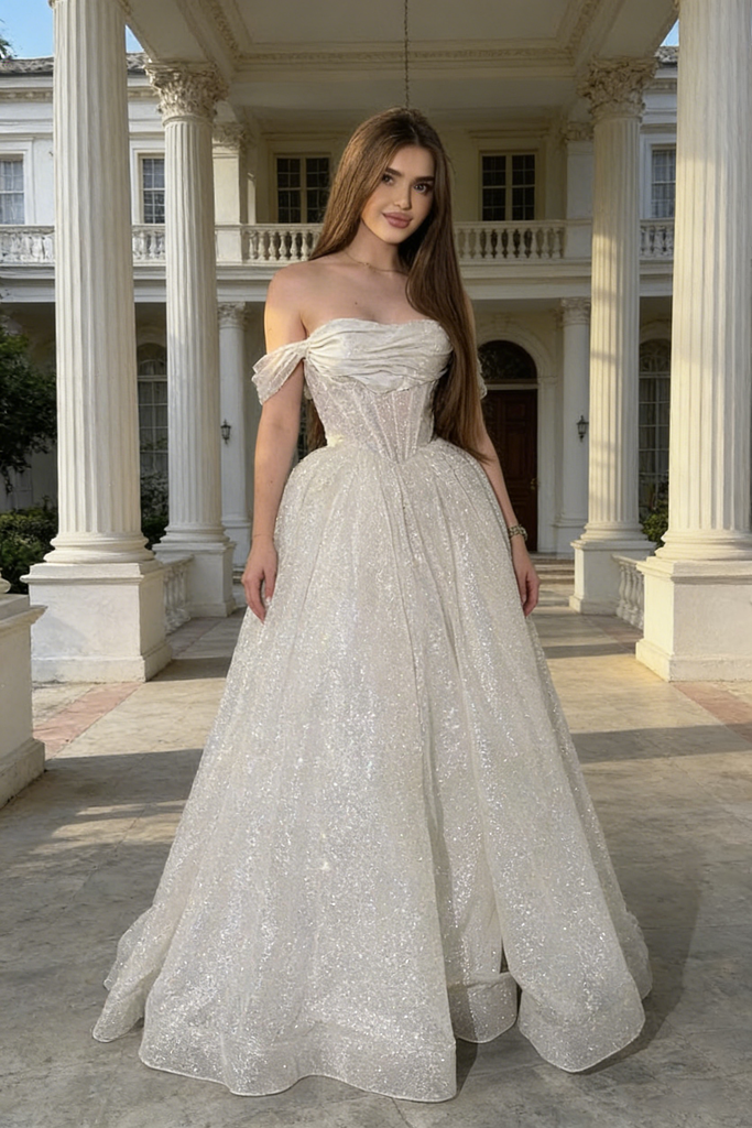 New Sparkle A-line Off Shoulder White Backless Prom Dresses, DB107