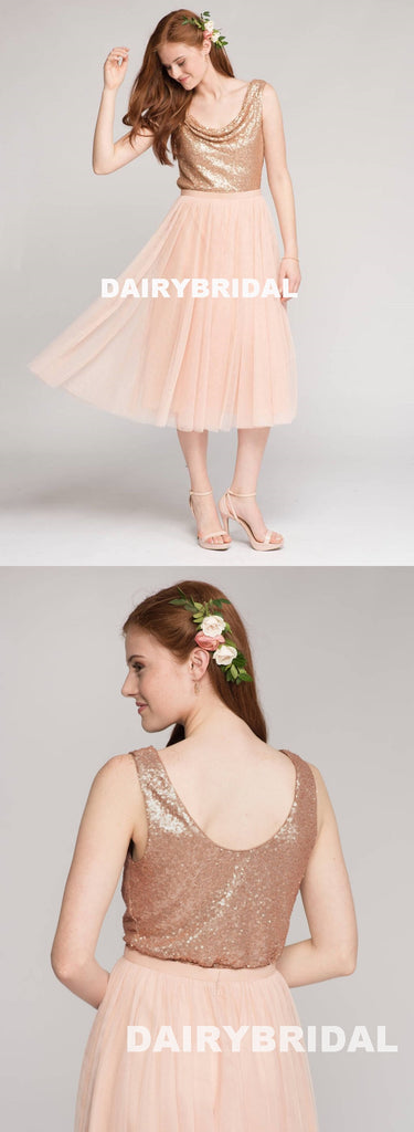 Sparkle Sequin Top Bridesmaid Dress, A-Line Tulle Tea-Length Cheap Bridesmaid Dress, D1236