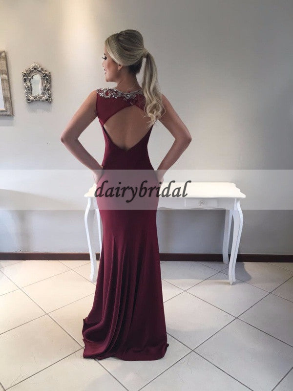 Mermaid Open-Back Prom Dress, Beaded Sleeveless Prom Dress, D129