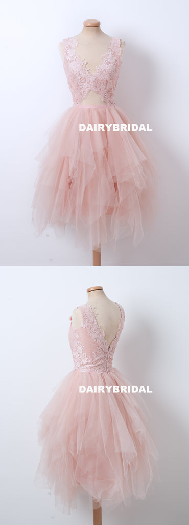 New Lace Top BacklessHomecoming Dress, Pink Tulle A-line Homecoming Dress, D1314