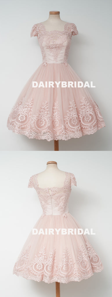 Cap Sleeve Pink Lace Homecoming Dress, Tulle A-Line Backless Homecoming Dress, D1318