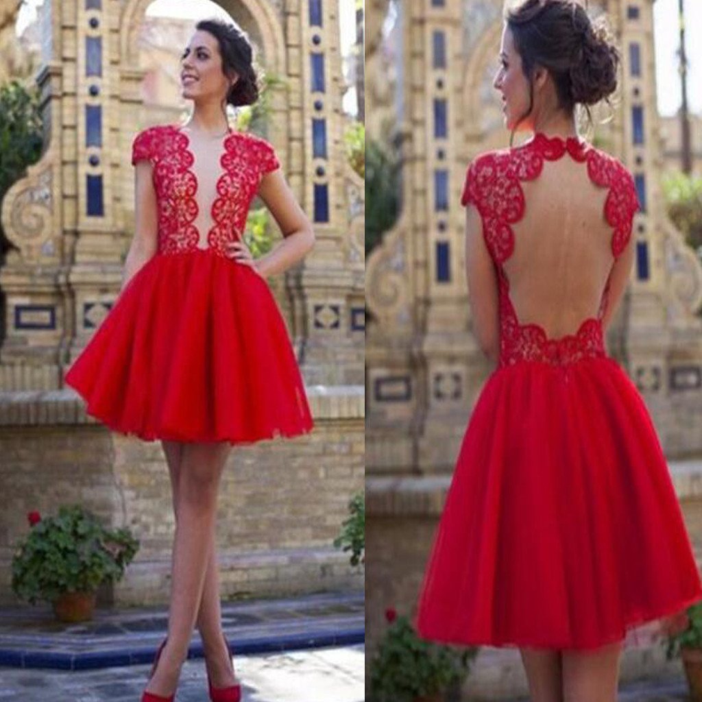 popular blush red open back sexy with short sleeve cocktail homecoming prom dress, BD00133