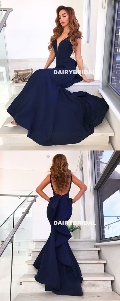 Navy Mermaid Sexy Prom Dresses, Jersey Backless Prom Dresses, D1348