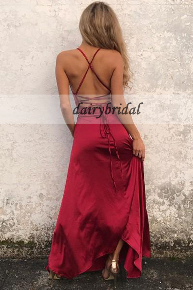 Spaghetti Straps Soft Satin Prom Dresses, Side Split Backless Sexy Prom Dresses, D164