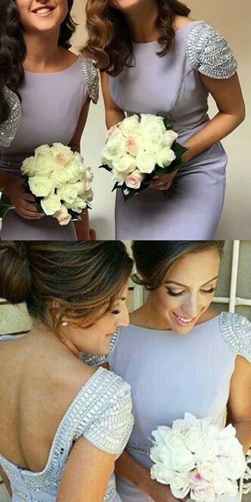 Cap Sleeve Sheath Beaded Backless Jersey Long Bridesmaid Dresses, FC1753