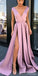 Sexy V-Neck A-Line Satin Slit Long Vintage Prom Dresses, FC1923