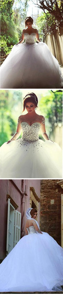 Gorgeous Illusion Long Sleeve Beaded Rhinestone Lace Up Ball Gown Wedding Dress, WD0200