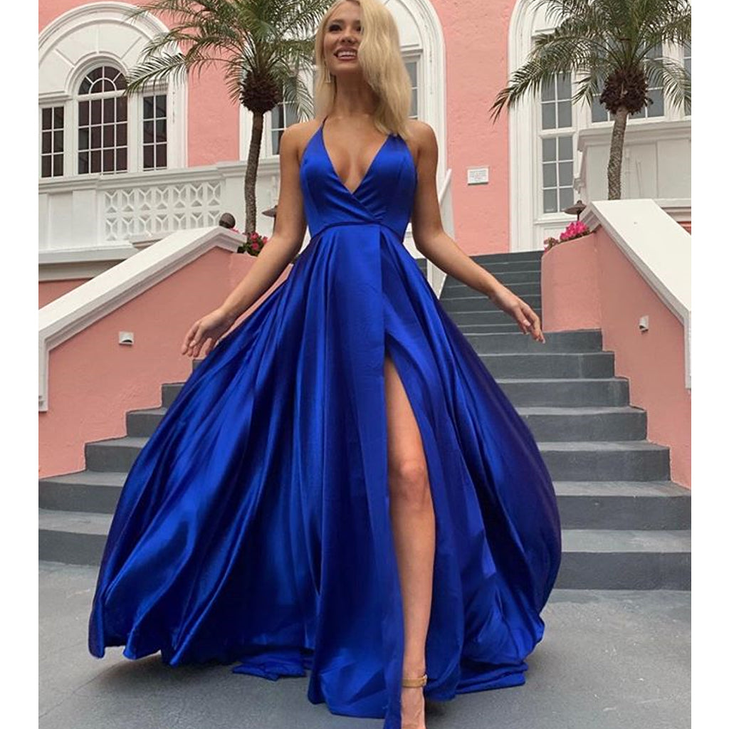 Royal Blue A-line Halter Sexy Slit V-neck Backless Prom Dresses, FC2372