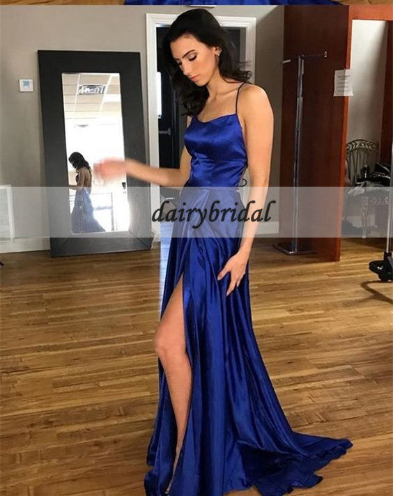 Spaghetti Straps Backless Prom Dresses, Soft Satin Side Split Prom Dresses, D241