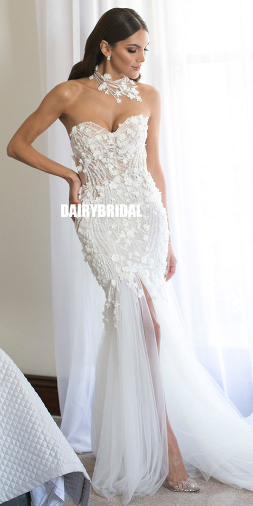 Sweetheart Mermaid Lace Backless Slit Tulle Wedding Dresses, FC2440