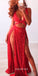 Red Mermaid Sparkly Sequin Slit Backless Sexy Prom Dresses, FC248