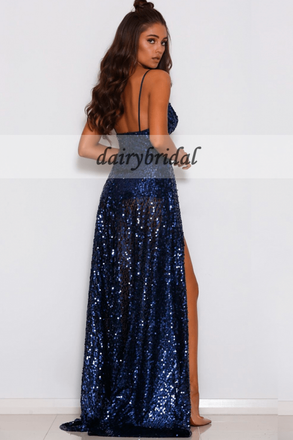 Spaghetti Straps Sequin Prom Dresses, V-Neck Backless Slit Prom Dresses, D252