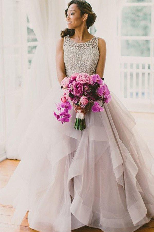 A line Scoop Neckline Organza Wedding Dresses, Long Custom Wedding Gowns, Affordable Bridal Dresses, 17115