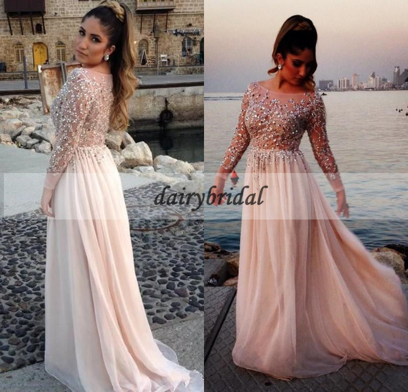 Sparkle Beaded Sequin Long Sleeve Prom Dress, Honest A-Line Tulle Prom Dress, D369