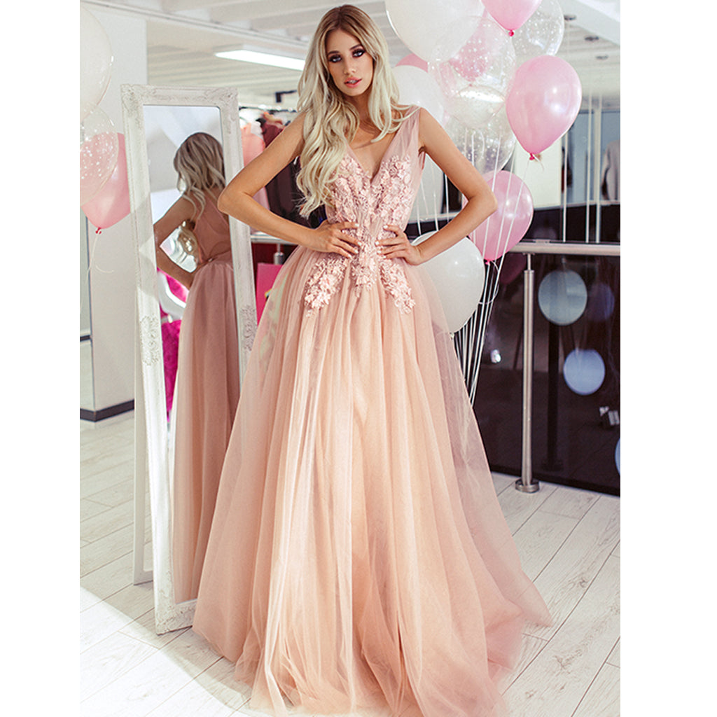 Elegant A-line Tulle V-neck Sleeveless Applique Prom Dress, FC3827