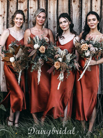 Spaghetti Straps V-neck Tea Length Silk Elastic Satin Slit Backless Bridesmaid Dress, FC3848