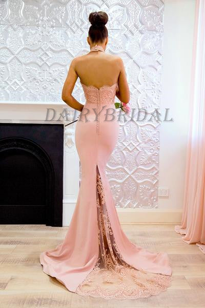 Halter Prom Dress, Mermaid Prom Dress, Backless Prom Dress, Lace Prom Dress, Sexy Prom Dress, Satin Prom Dress, D38