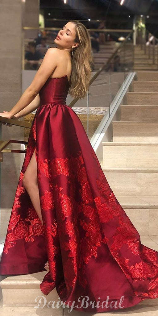 Charming A-line Satin Backless Applique Prom Dresses, FC4014