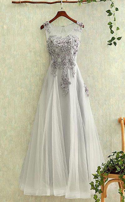 New Arrival A Line Charming gray tulle lace Sleeveless Open Back Applique Floor-Length prom dress,220041