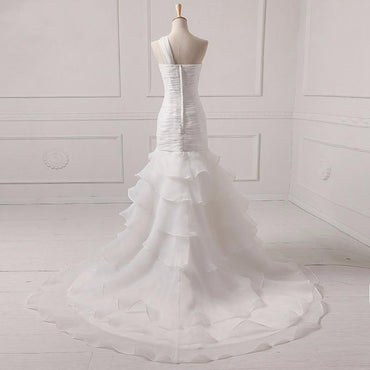 Long Wedding Dress, Organza Wedding Dress, Mermaid Bridal Dress, One-Shoulder Wedding Dress, Pleat Wedding Dress, Wedding Dress with Court Train, LB0410