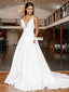 Simple A-line Spaghetti Straps Satin Sexy Deep V-neck Lace Wedding Dresses, FC4178