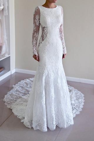 Sexy Full Sleeve Open Back Beautiful Affordable Lace Wedding Dresses with Short Train,220042