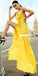 Yellow Spaghetti Straps Jersey Sexy Slit Backless Prom Dresses, FC4223