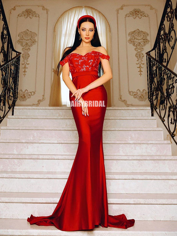 Off Shoulder Red Appliques Mermaid Backless Long Prom Dresses, FC4275