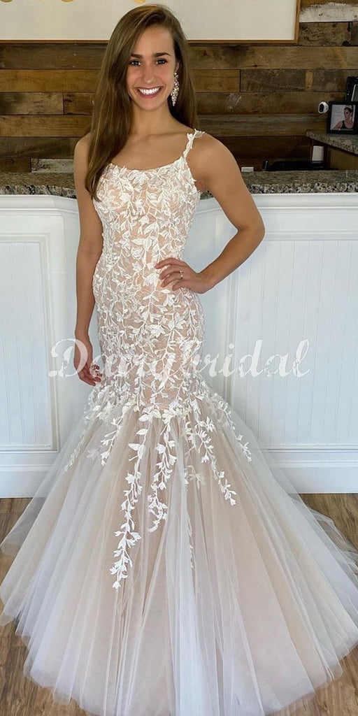 New Arrival Mermaid Lace Cross Back Sleeveless Long Prom Dresses, FC4431