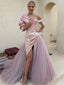 Unique A-line Tulle Off Shoulder Splice Long Slit Prom Dress, FC4469