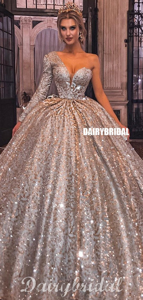 Gorgeous A-line One Shoulder Long Sleeve Sparkle Ball Gown Prom Dress, FC4510