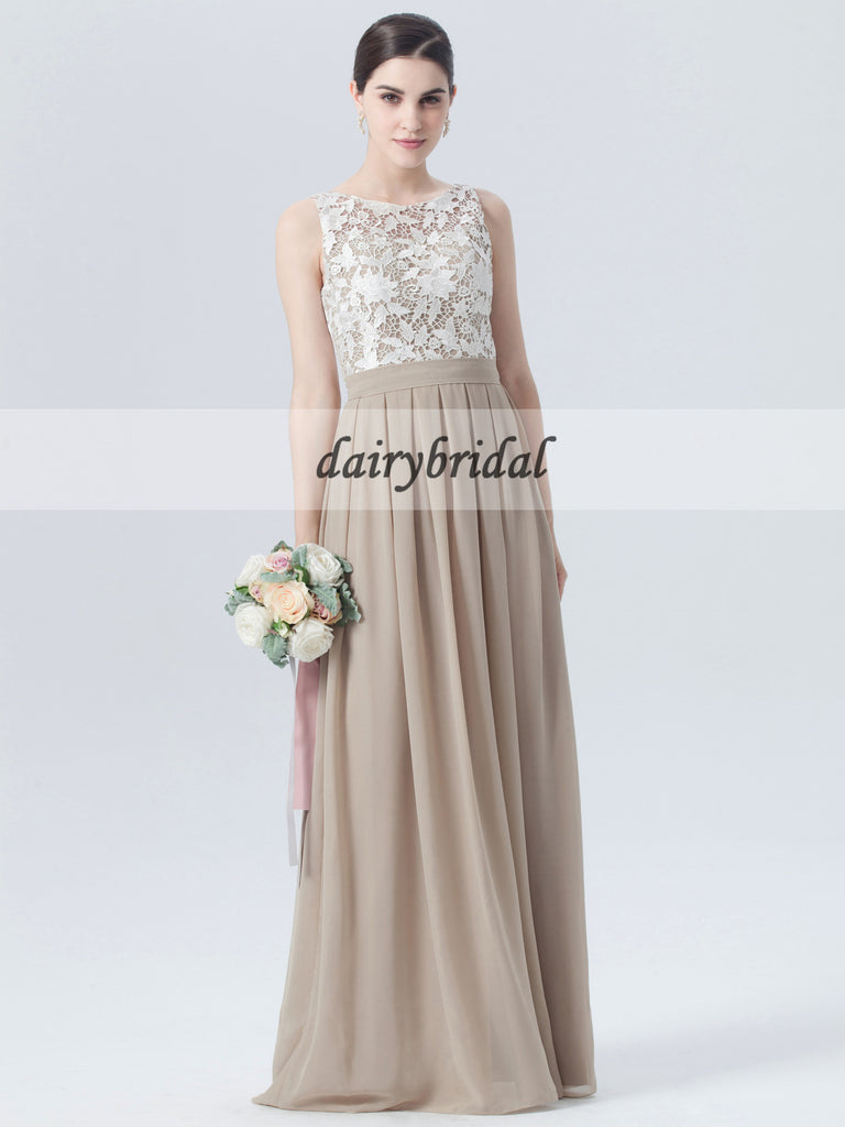 Lace Top Bridesmaid Dress, Chiffon Floor-Length Bridesmaid Dress, D458