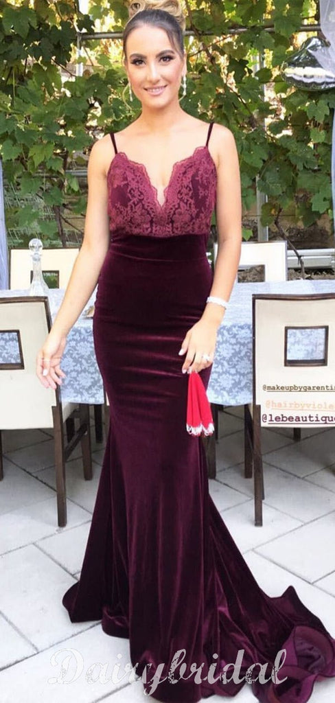 Spaghetti Straps Mermaid Velvet Sext V-neck Lace  Bridesmaid Dress, FC4787