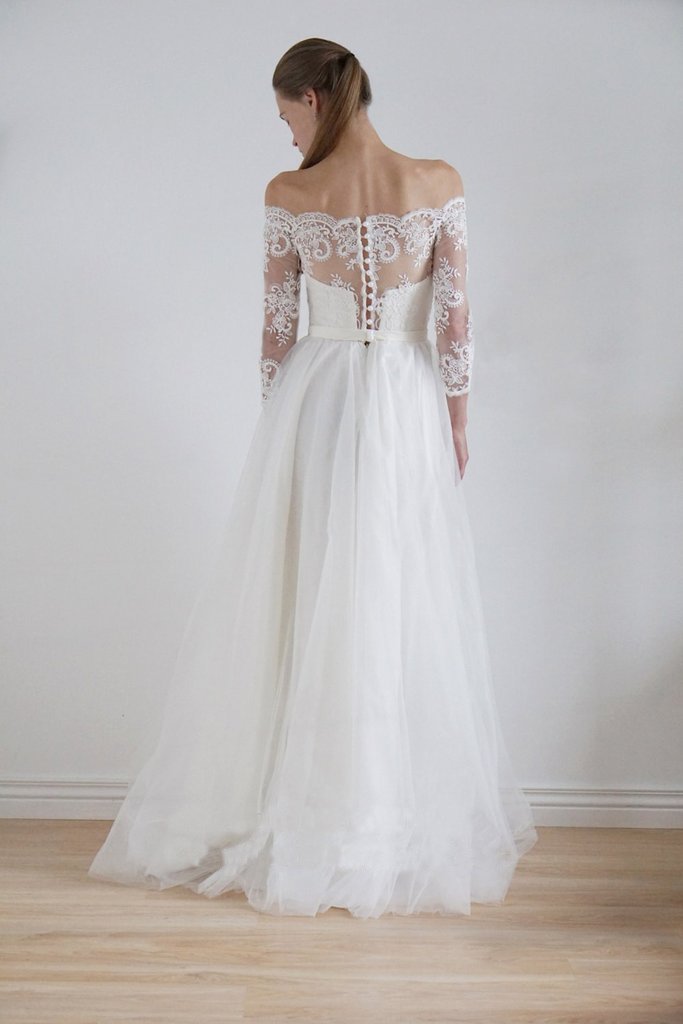 Long Wedding Dress, Lace Wedding Dress, A-Line Bridal Dress, Long Sleeve Wedding Dress, Off-Shoulder Wedding Dress, Tulle Wedding Dress, Charming Wedding Dress, LB0484