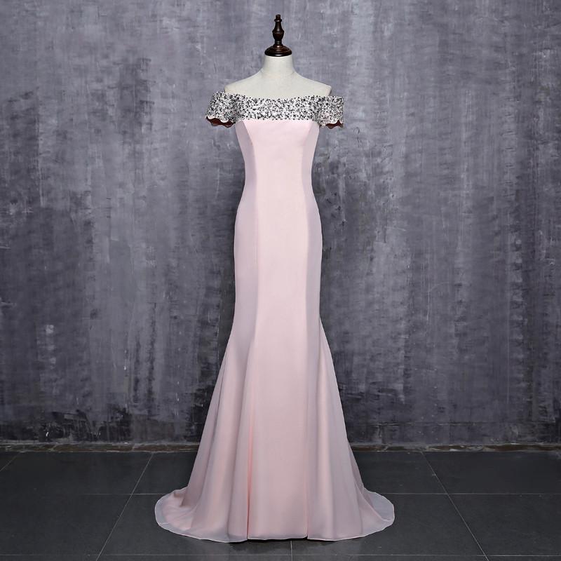 Hot Sale Off Shoulder Floor-Length Pink Beaded  Sequins Long Mermaid Bridesmaid Dresses Wedding Party Dresses,220049