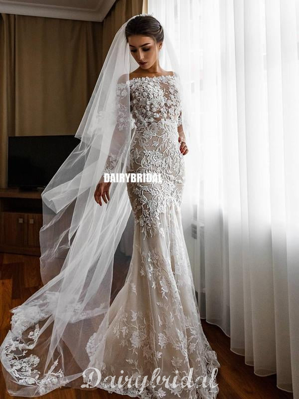 Stunning Mermaid Hoest Long Sleeves Floor-Length Lace Wedding Dress, FC4963