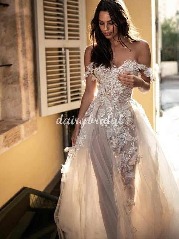 Fashion Tulle A-line Off Shoulder Backless Lace Wedding Dress, FC5093