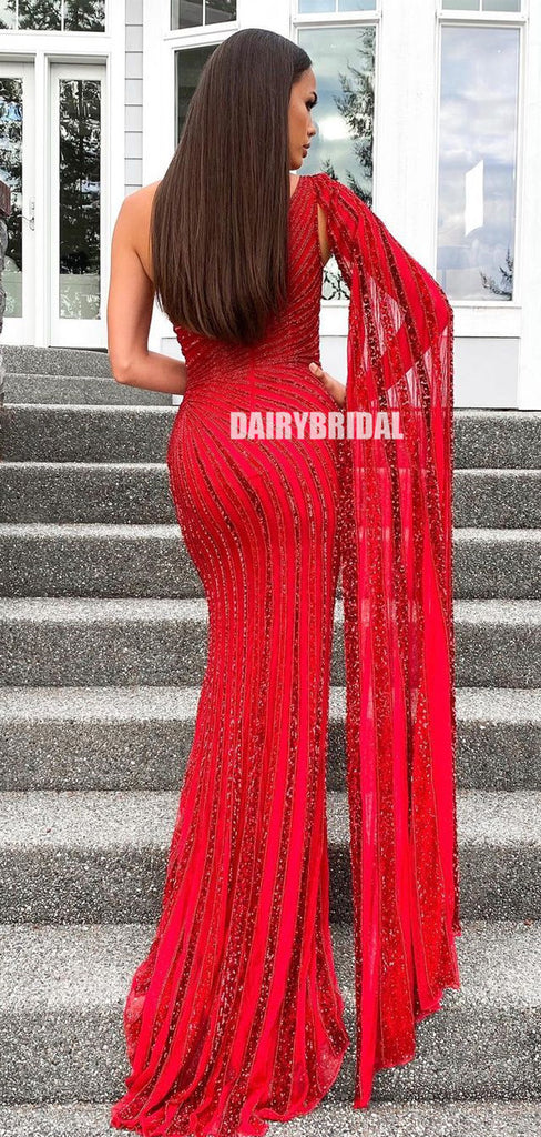 Red One-shoulder Mermaid Beaded Long Tulle Prom Dresses, FC5366