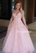 Pink A-Line Lace Spaghetti Straps Beaded Charming Applique Backless Prom Dress, D537