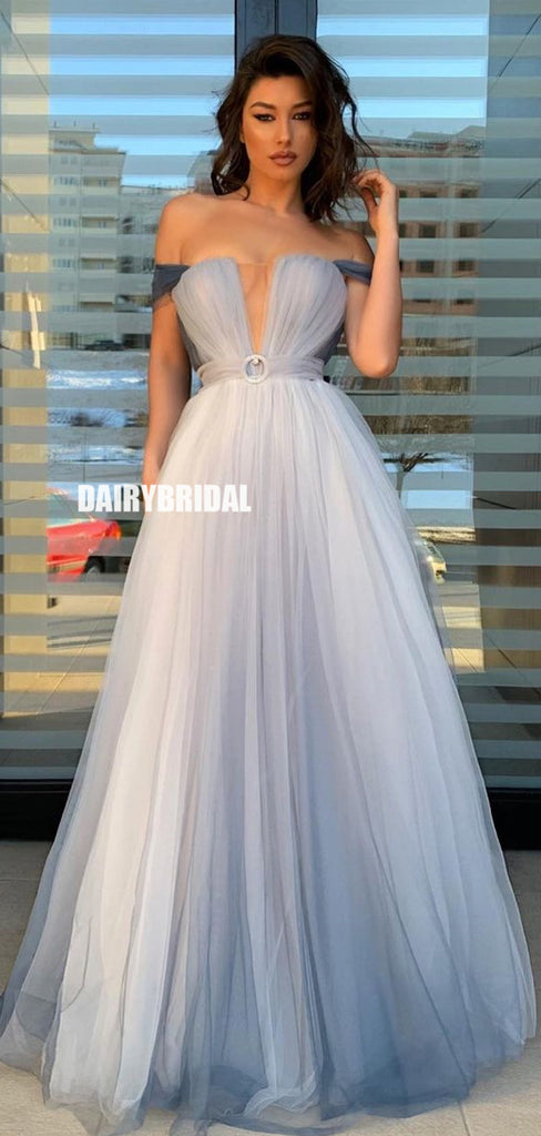 Simple Off Shoulder Tulle Floor-Length Prom Dress, FC5384