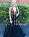 Charming Black A-Line Tulle Deep V-Neck Backless Applique Prom Dress, D575