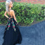 Charming Black A-Line Tulle Deep V-Neck Backless Applique Prom Dress, D575