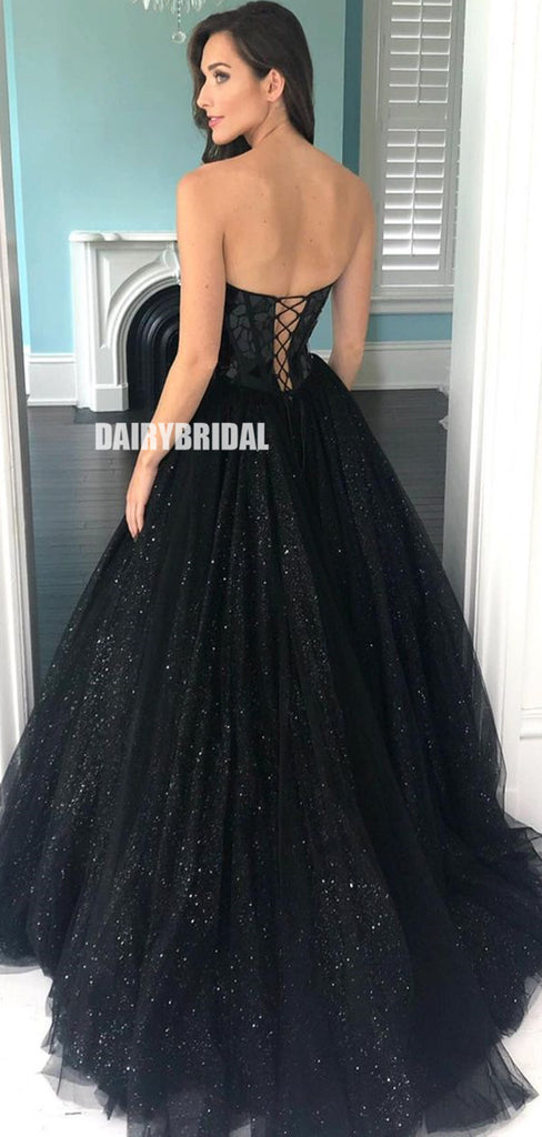 Stunning Black A-line Sweetheart Tulle Floor-length Sequin Prom Dresses, FC5853