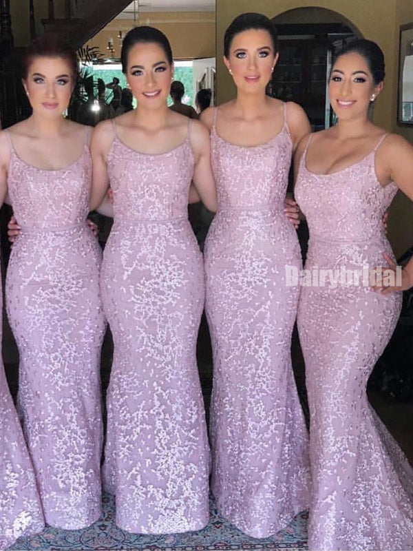 Gorgeous Spaghetti Straps Lace Mermaid Long Bridesmaid Dress, FC5906